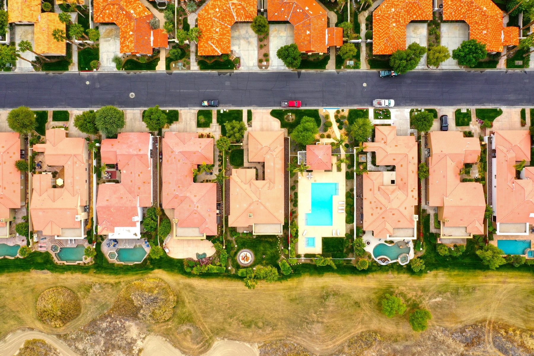 Rooflines and lots in a luxury subdivision.