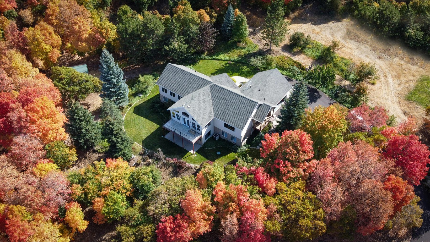 A house set on a wooded lot.