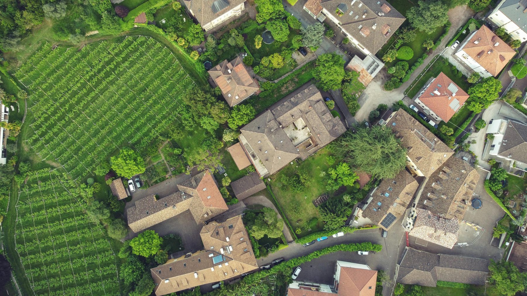 Lots and rooftops, seen from above.